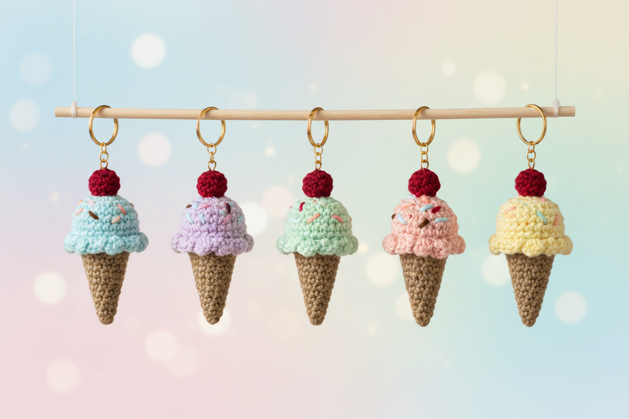 Five crocheted ice cream cone earrings hang from a wooden rod against a soft pastel background with bokeh light effects. The cones are in light blue, lavender, mint green, pink, and pale yellow, each topped with a dark red cherry.