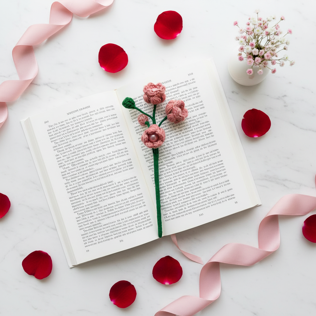 A pink handmade crochet flower bookmark with a green stem rests on an open book, surrounded by pink ribbons, red rose petals, and a small vase of baby's breath on a white marble surface.