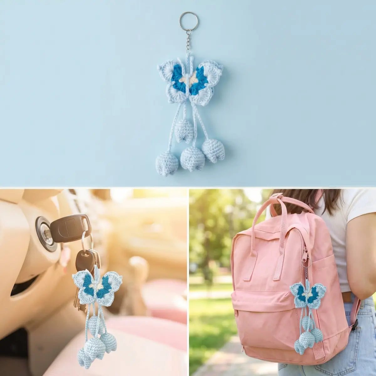 A crocheted butterfly-shaped keychain with three dangling pom-poms, shown in three views: on a light blue background, attached to keys in a car door lock, and hanging from a pink backpack worn by a person outdoors.