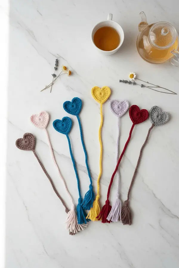 Six crocheted heart-shaped bookmarks in assorted colors are arranged on a white marble surface with a cup of tea and a glass teapot nearby.