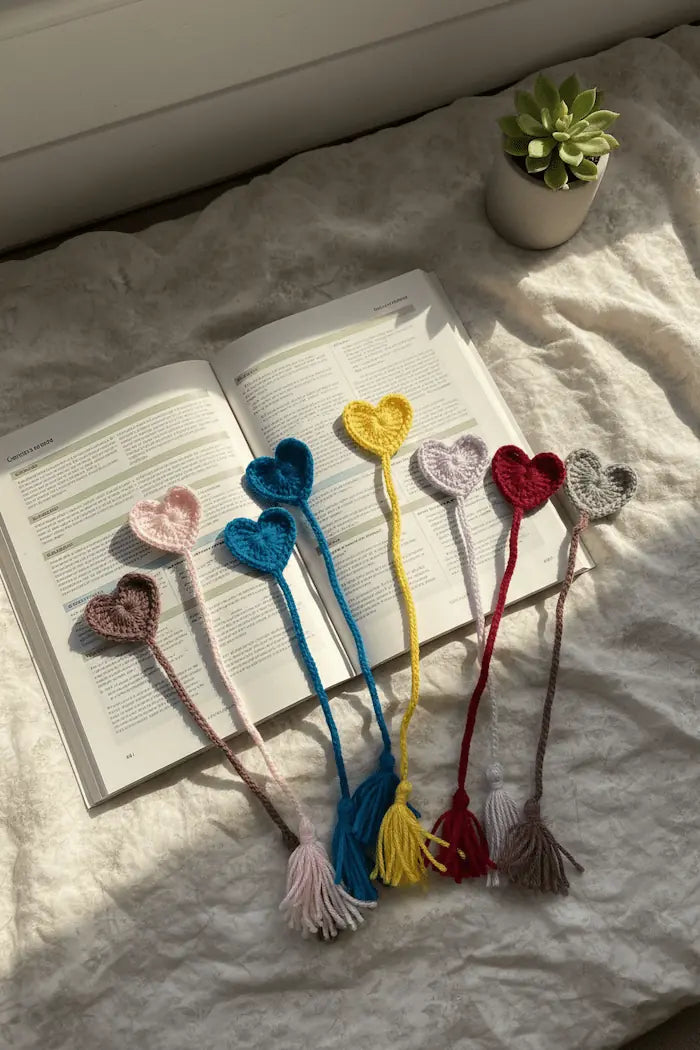 Six knitted bookmark bookmarks with heart-shaped tops and tassels are arranged on an open book on a white fabric surface. The bookmarks are in pink, blue, yellow, lavender, red, and gray, with a small potted succulent in the background.