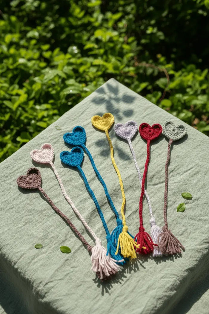 Six knitted heart-shaped bookmarks with long tassels in various colors, arranged on a light sage green textured cloth outdoors with a blurred green garden background.
