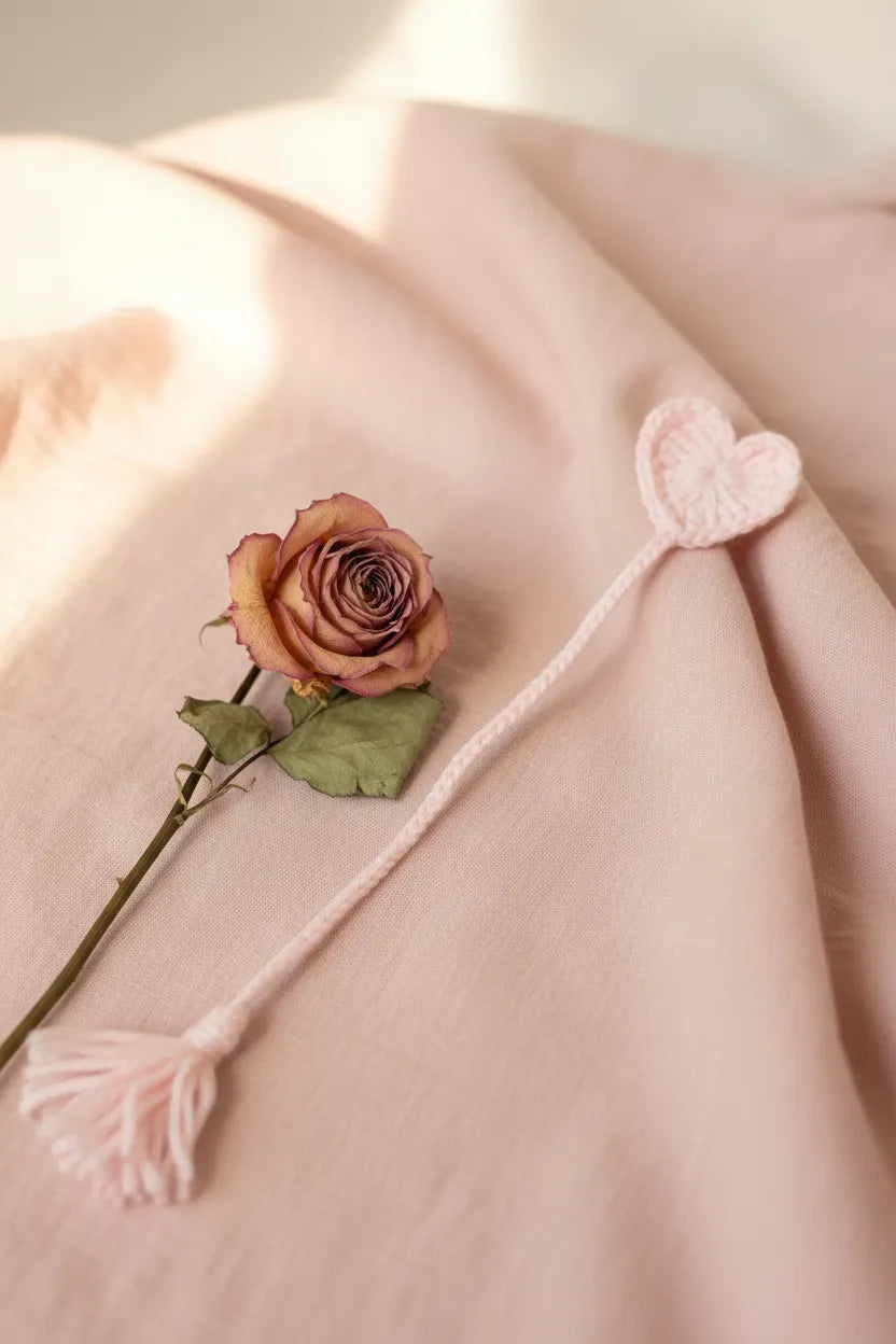 A pale pink knitted accessory laid on soft blush fabric, featuring a long tassel with a heart-shaped end and a single dried rose placed beside it.