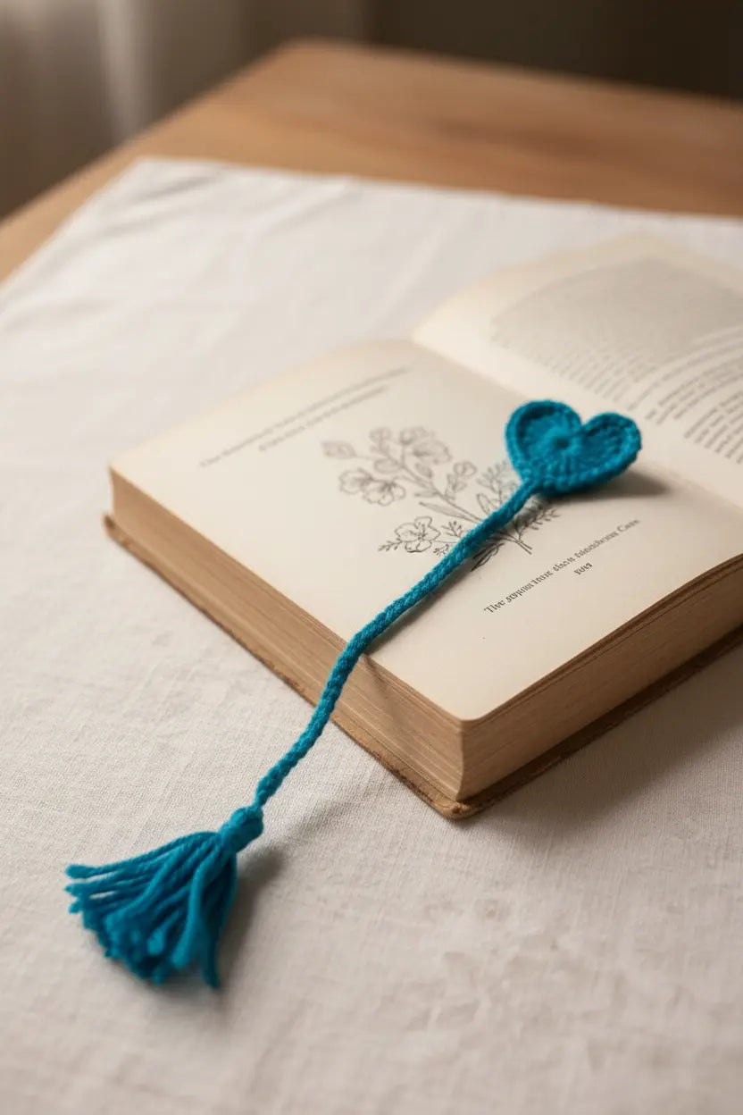 A teal blue crocheted bookmark with a heart-shaped top and tassel, resting on an open book on a white textured cloth.