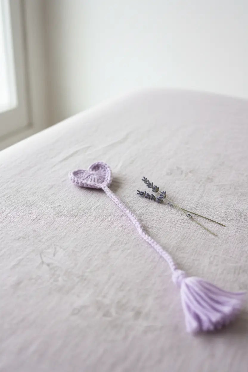 A light purple crocheted key tag with a heart-shaped keyring and tassel, displayed on a textured white linen surface next to dried lavender sprigs.