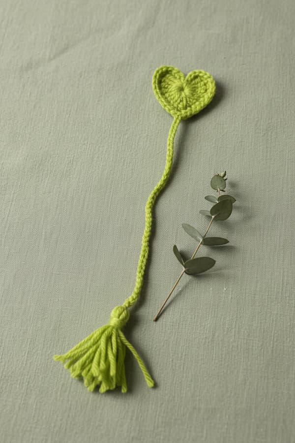 A lime green crocheted bookmark with a heart-shaped top and tassel, styled on a textured sage green fabric next to a small eucalyptus sprig.