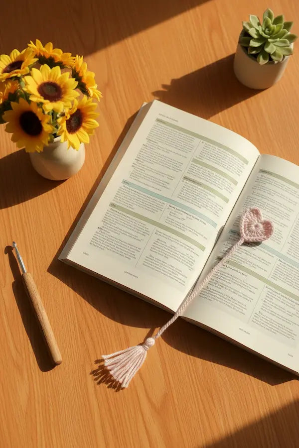 An open book on a wooden table with a pink knitted bookmark featuring a heart and tassel. Sunflowers in a small vase, a small succulent, and a wooden-handled tool are arranged around it in warm natural light.