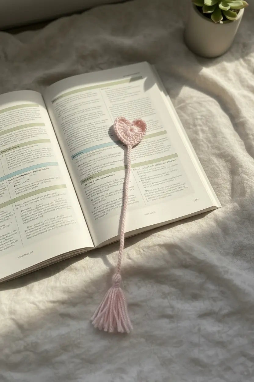 A light pink crocheted bookmark with a heart-shaped top and tassel, resting on the page of an open book on a textured white fabric surface.