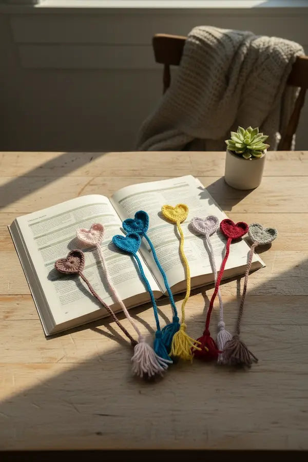 A set of six handmade crochet heart-shaped bookmarks in various colors, arranged on an open book on a wooden table with a cozy background of a chair and a small potted succulent.