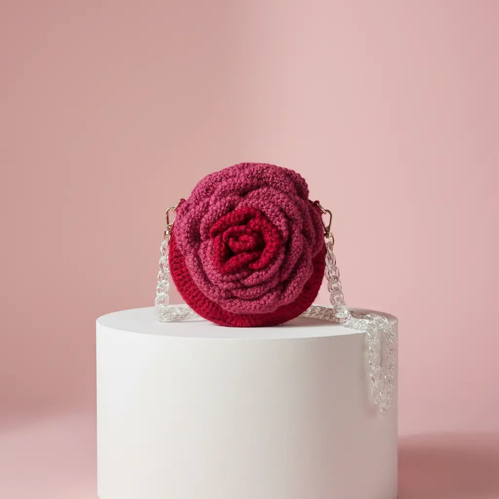 A crocheted round shoulder bag shaped like a rose in deep magenta, displayed on a white cylindrical pedestal against a soft pink background. The bag features a clear beaded strap and small gold-tone hardware.