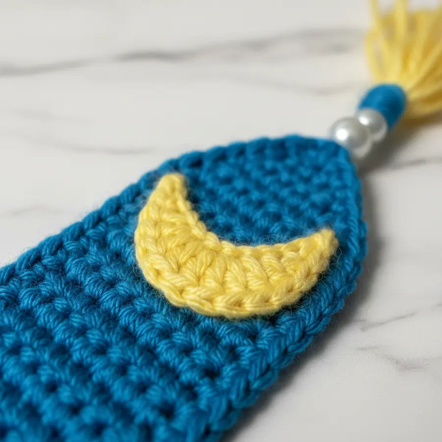 A close-up of a crocheted blue tag or bookmark with a yellow crescent moon applique, a yellow and blue tassel, and two white pearl beads, resting on a light marble surface.