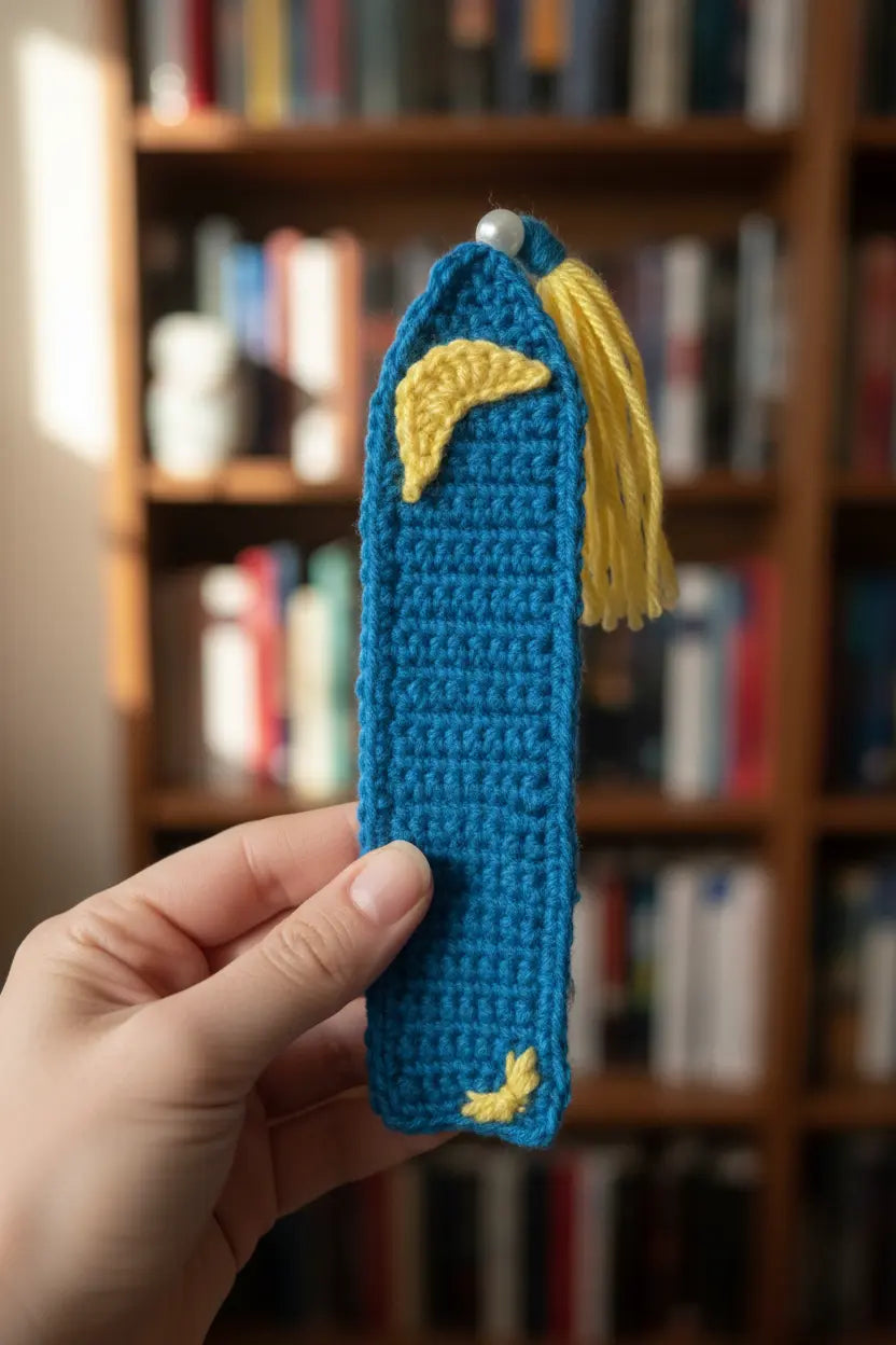 A hand holds a crocheted book mark in bright blue with yellow tassel and yellow decorative accents, set against a blurred background of bookshelves.