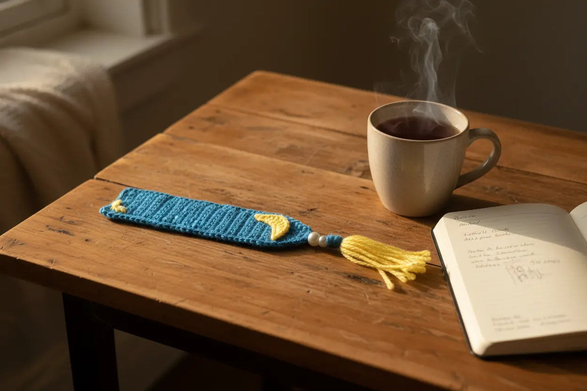 A crocheted bookmark with a yellow tassel rests on a rustic wooden table next to a steaming mug and an open book in warm natural light.