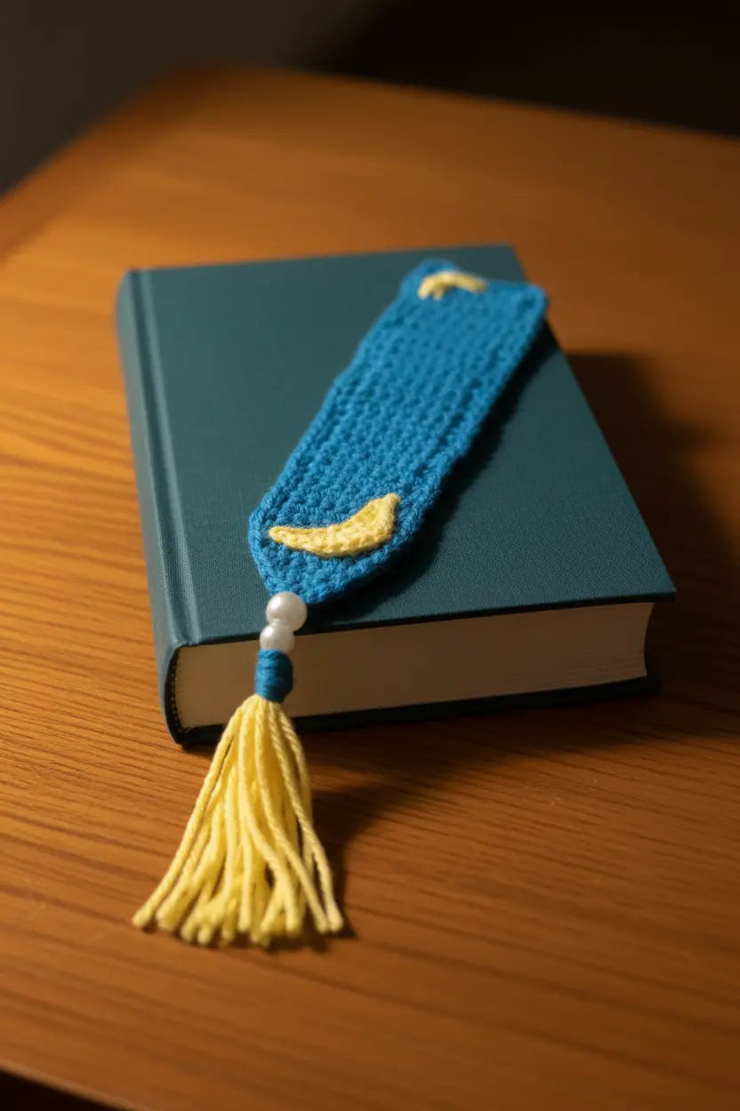 A crocheted blue book bookmark with a yellow tassel and small yellow crescent moon details, resting on a dark teal hardcover book on a wooden table.
