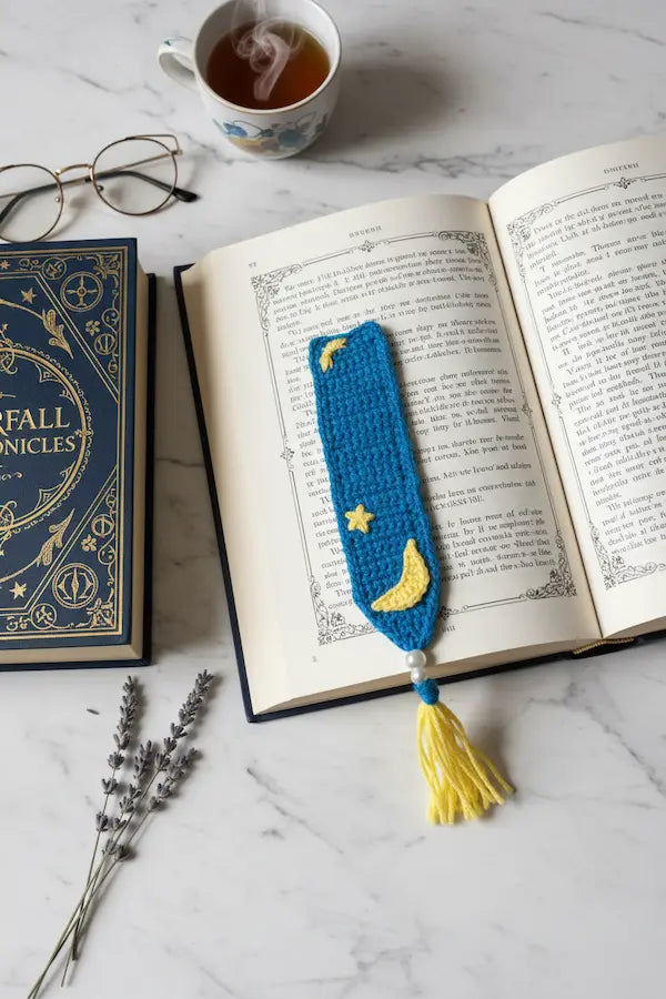 A crocheted blue book bookmark with yellow stars and a crescent moon, featuring a yellow tassel, shown resting on an open book on a marble surface with a navy book, glasses, a cup of tea, and lavender sprigs.