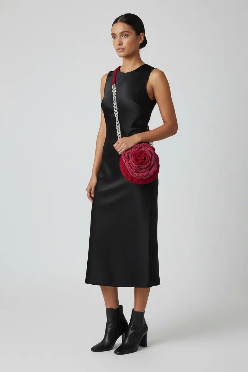 A model wearing a sleeveless black midi dress and black ankle boots, carrying a dark red fabric rose-shaped shoulder bag with a silver chain strap, against a light gray studio background.