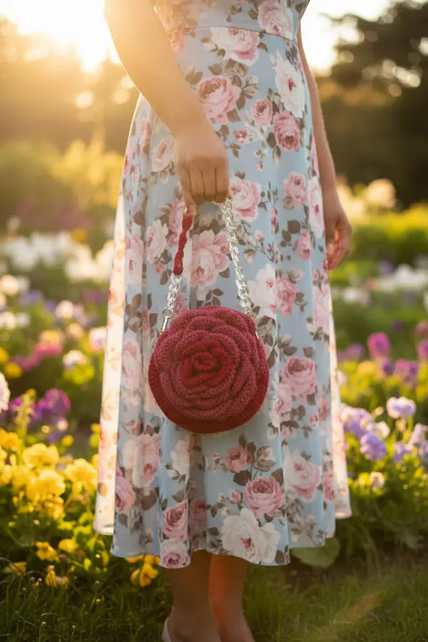 A woman in a light blue floral midi dress holding a round, dark red crocheted handbag with a silver chain strap in a sunlit flower garden.