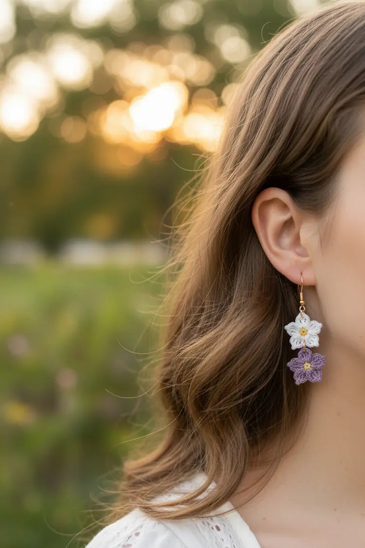 A close-up side profile of a woman with long brown hair wearing a dangling flower earring. The earring features two small flower charms, one white with a yellow center and one purple with a yellow center, hanging from gold-toned hooks.