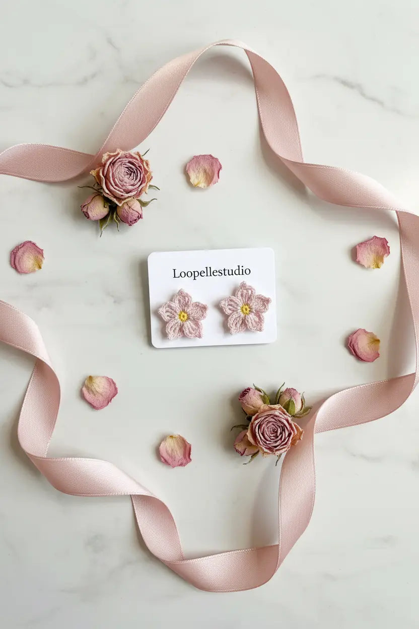 A pair of pink flower-shaped stud earrings with yellow centers, displayed on a white card labeled 'Loopellestudio' and styled with a pink ribbon and dried roses on a light marble surface.