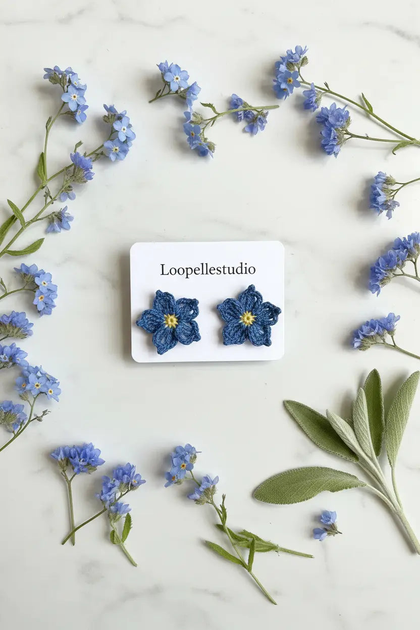 A pair of handmade blue crocheted flower stud earrings with yellow centers, displayed on a white card labeled 'Loopellestudio' and styled with blue forget-me-nots and sage leaves on a white marble background.