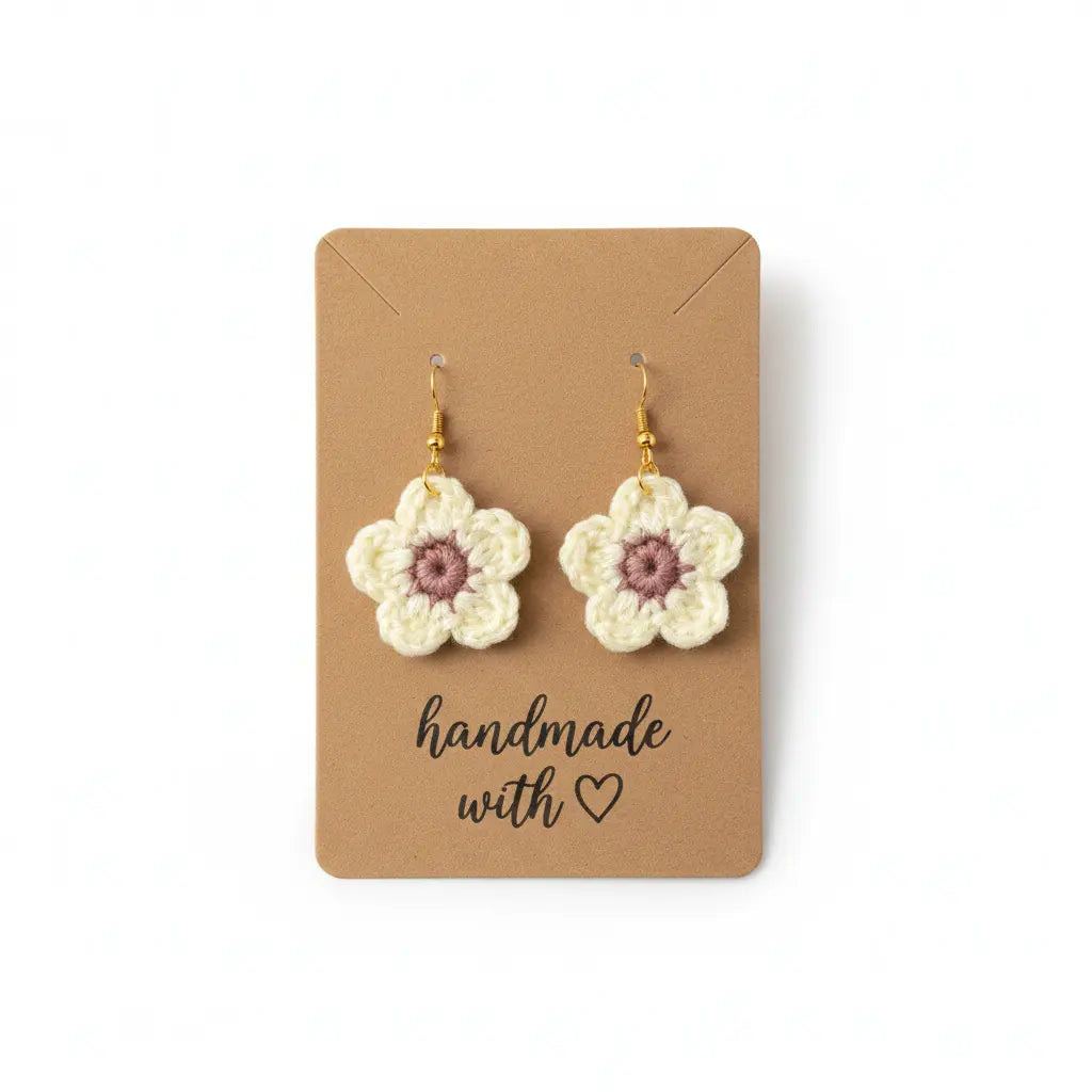 A pair of handmade crocheted flower dangle earrings in cream and dusty pink, displayed on a brown kraft card that reads 'handmade with heart'.