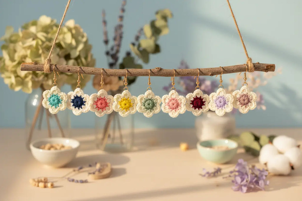 A rustic wooden hanger with a natural branch draped horizontally, holding ten crocheted flower-shaped earrings in assorted pastel and bright colors. The earrings are displayed in a styled setting with soft-focus background elements including dried flowers, small bowls, and cotton bolls against a soft blue wall.
