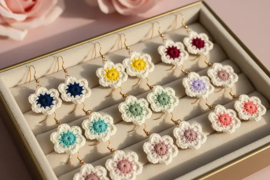 A set of crocheted flower dangle earrings displayed in a gold-lined jewelry box. The earrings feature white crochet petals with colorful centers in blue, yellow, red, purple, green, pink, and peach, suspended from gold hooks.