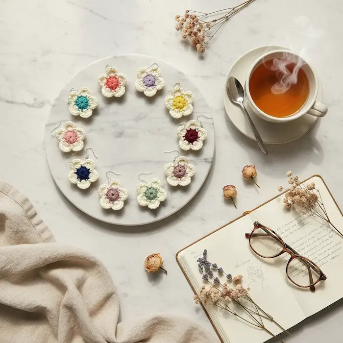 A styled flat-lay featuring a circular arrangement of small crocheted flower-shaped earrings on a round white tray, with a cup of tea, spoon, open book, glasses, and dried flowers on a light marble surface.