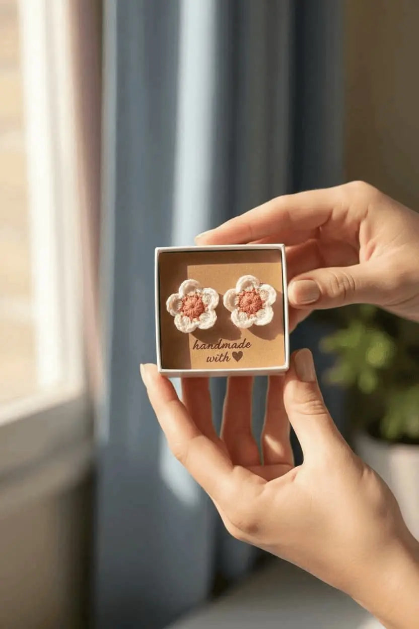 A pair of handmade crocheted flower stud earrings in pink and white, presented in a small square kraft box held by two hands in a softly lit indoor setting.