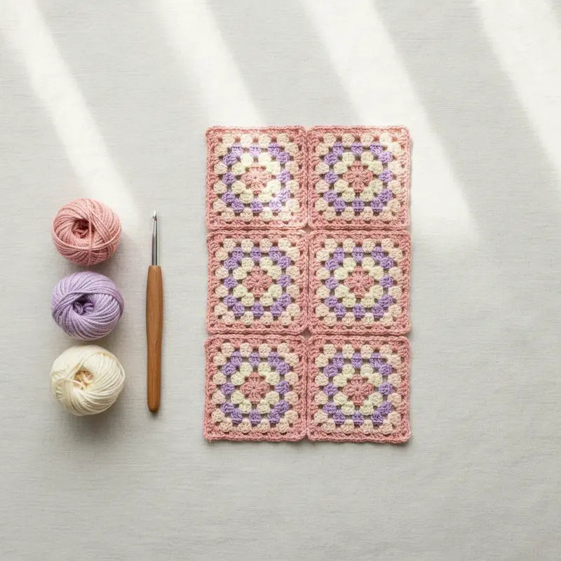 Six crocheted granny square samples arranged in a 2x3 grid on a light fabric surface, with three balls of yarn in pink, lavender, and cream, and a wooden crochet hook beside them. The squares feature pink, lavender, cream, and white crochet patterns.