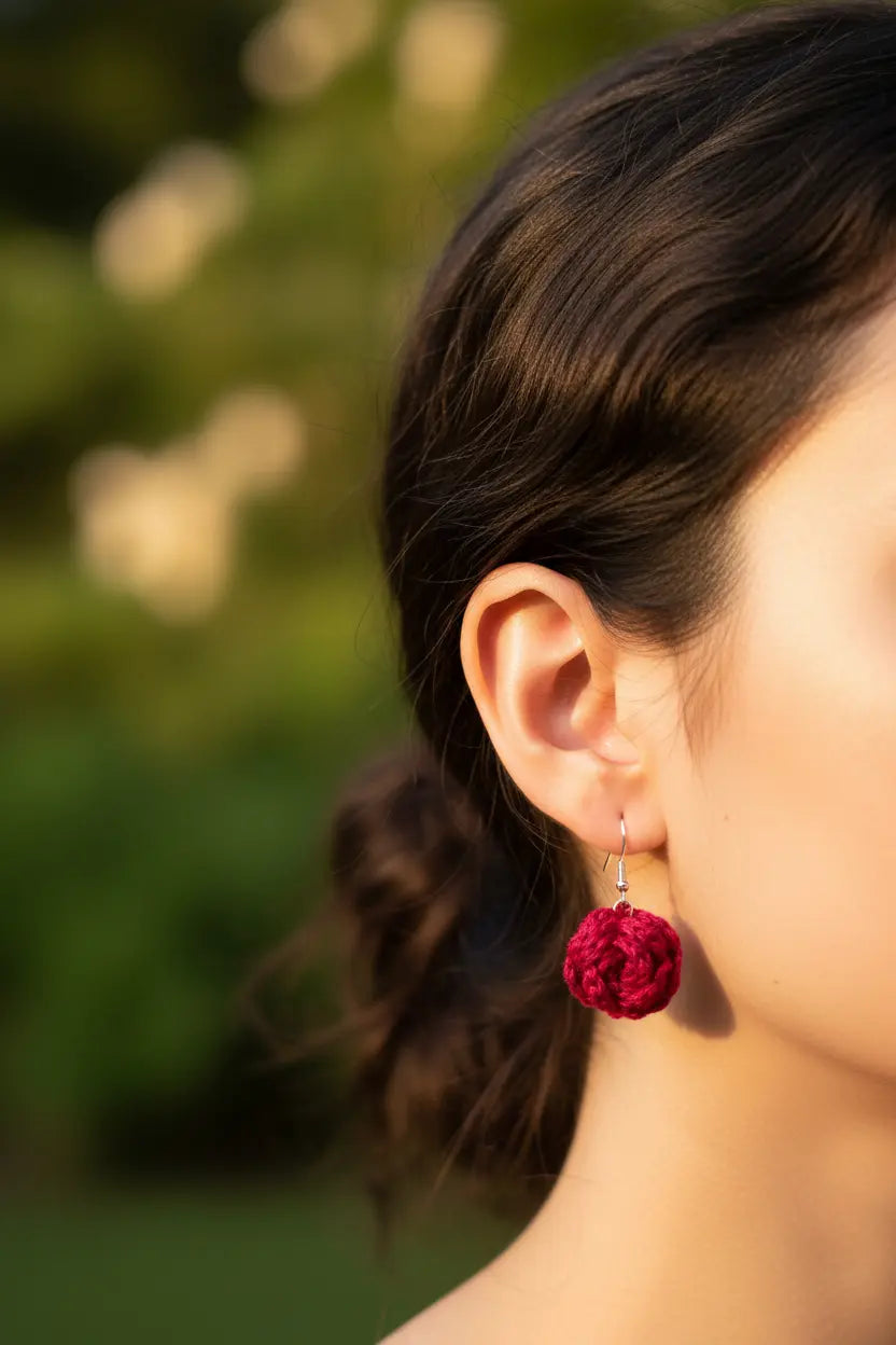 A close-up side profile of a woman wearing a single deep red textured dangle earring with a silver hook, set against a soft, blurred green outdoor background.