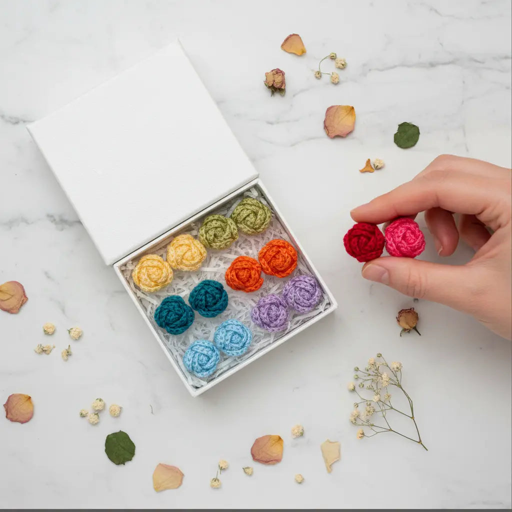 A hand holds a pair of small crocheted rose-shaped earrings in red and pink next to an open white gift box containing a set of colorful crocheted rose earrings, arranged on a white marble surface with scattered dried flower petals.