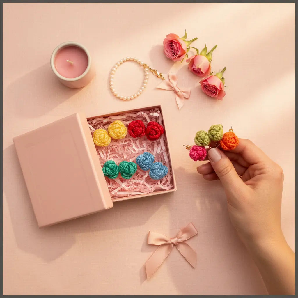 A styled flat-lay featuring a pink gift box filled with colorful crocheted flower-shaped earrings, alongside a hand holding a matching earring, with pink roses, a pearl bracelet, and a pink candle on a soft pink background.