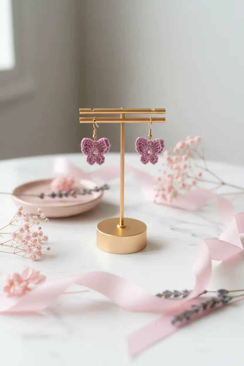 Pink crocheted butterfly earrings displayed on a gold T-stand on a white marble surface with pink ribbons, dried flowers, and a small pink dish in the background.