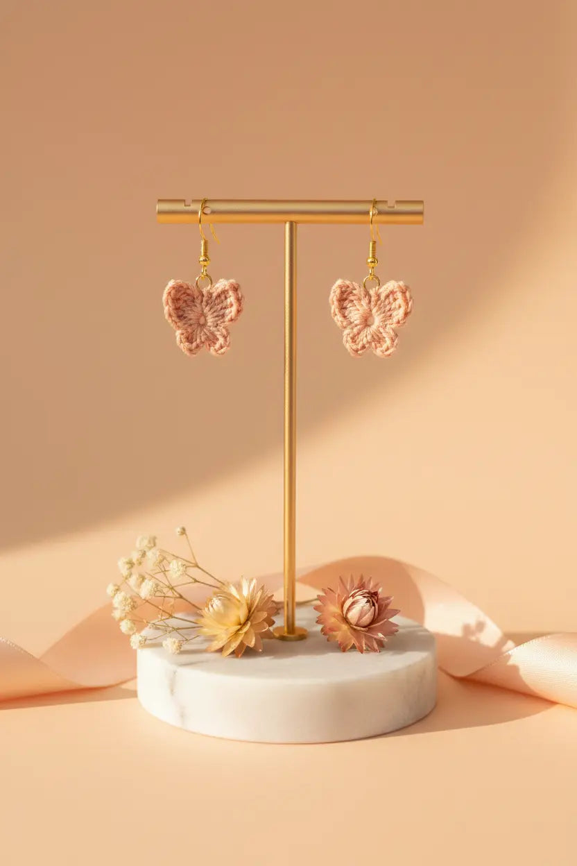 A pair of pink crocheted butterfly earrings hanging from a gold T-stand on a white marble base, styled with dried flowers against a warm peach background.