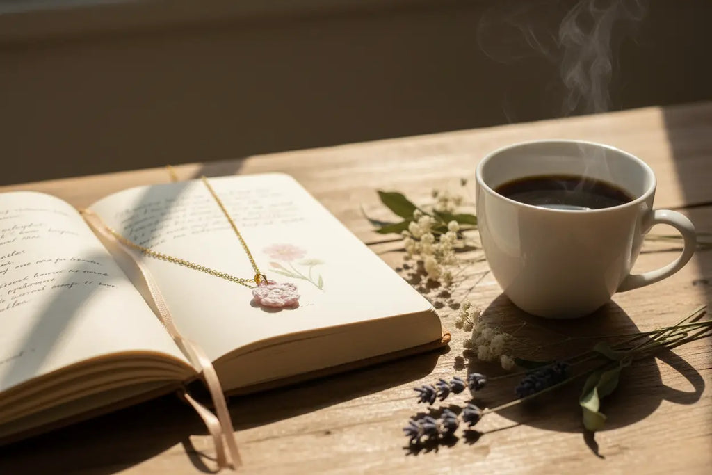 A gold necklace with a pink flower pendant rests on an open book on a wooden table, next to a white cup of black coffee with steam rising, decorated with small white flowers and lavender.