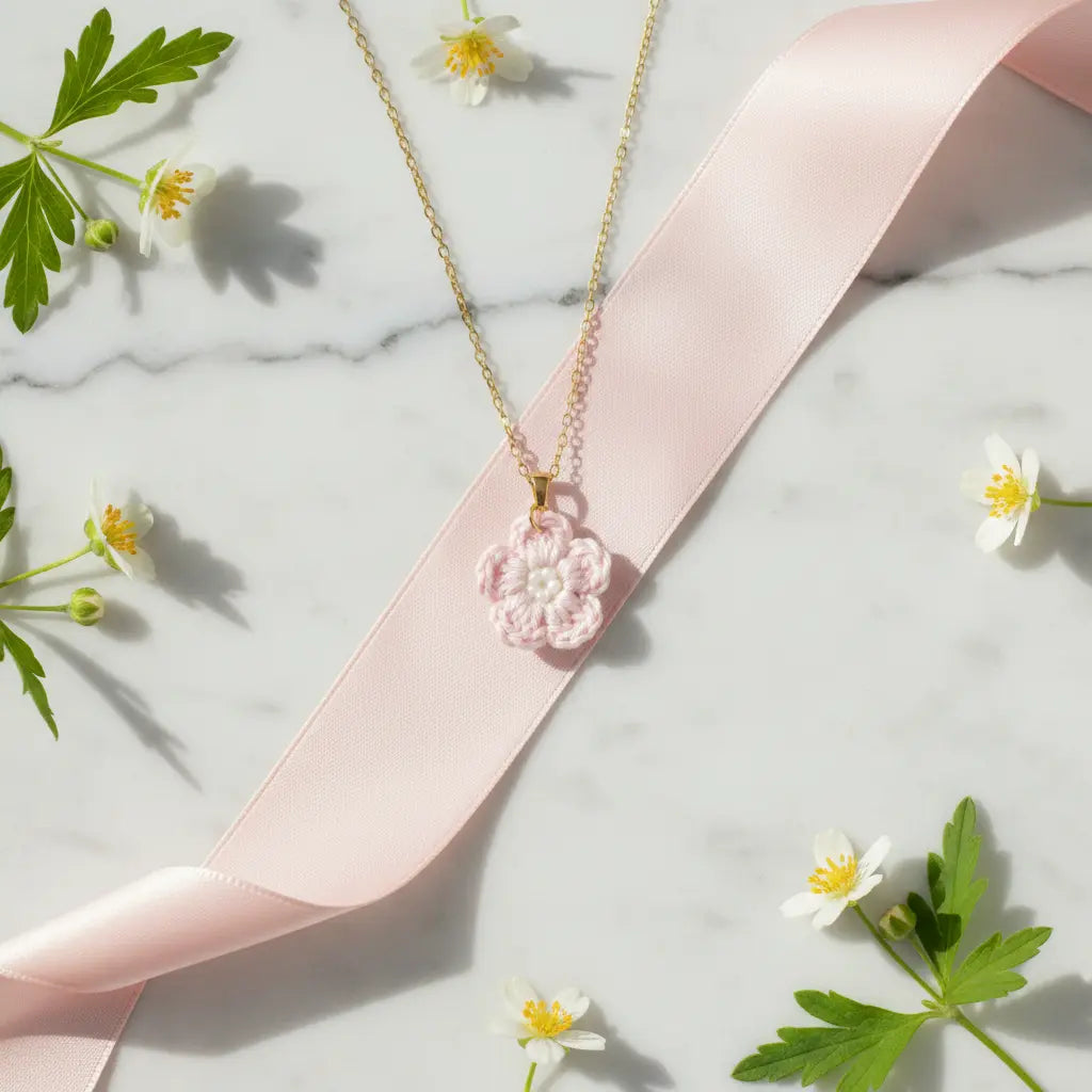 A delicate gold chain necklace with a pink crochet flower pendant, styled on a white marble surface with a pink satin ribbon and small white flowers.