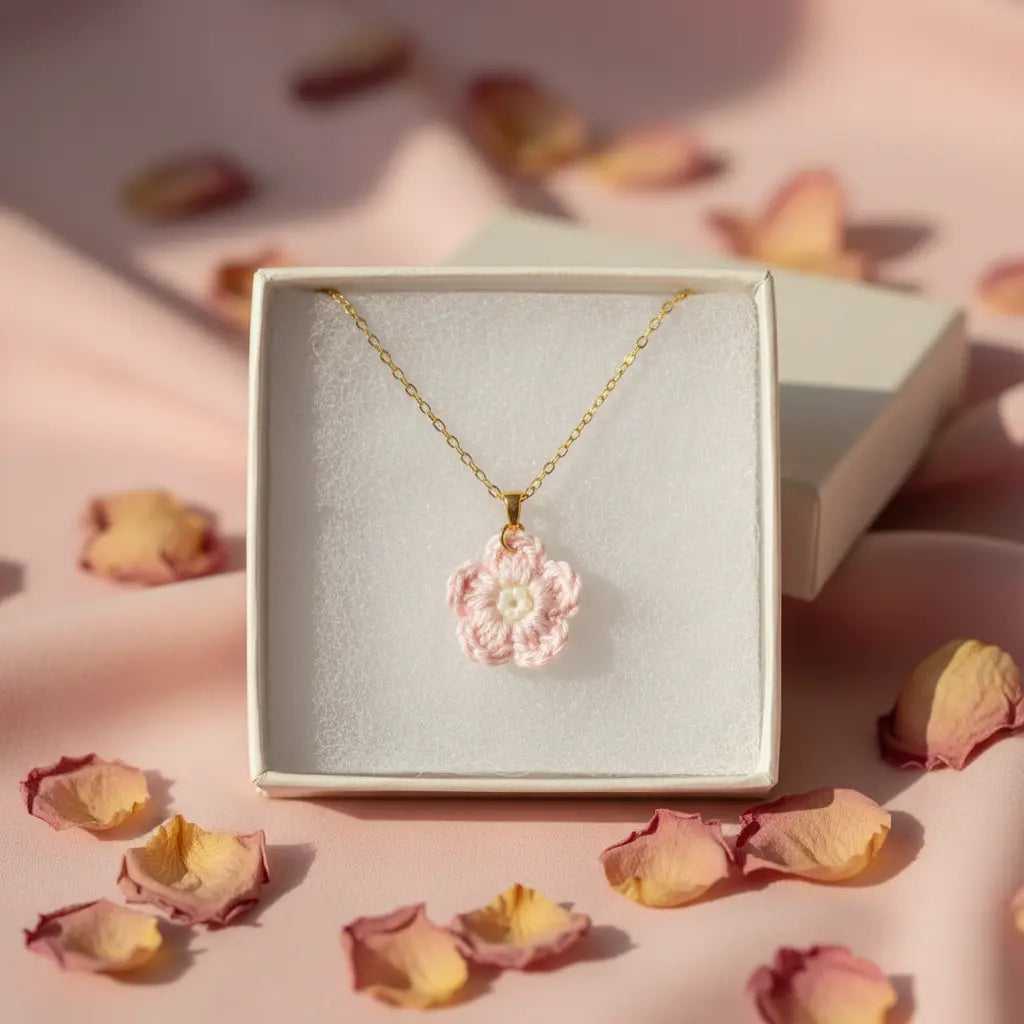 A delicate gold chain necklace with a pink crocheted flower pendant, presented in an open white jewelry box on a soft pink background with scattered dried rose petals.