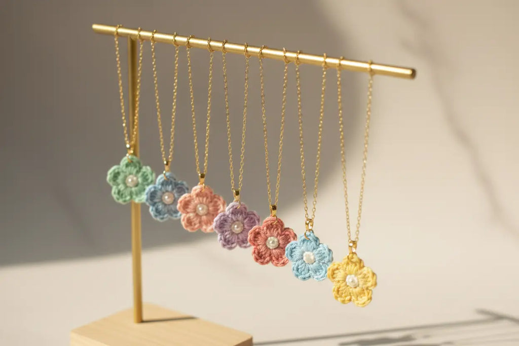 Six colorful crochet flower necklaces with pearl centers hang from a gold metal display stand against a warm beige background.