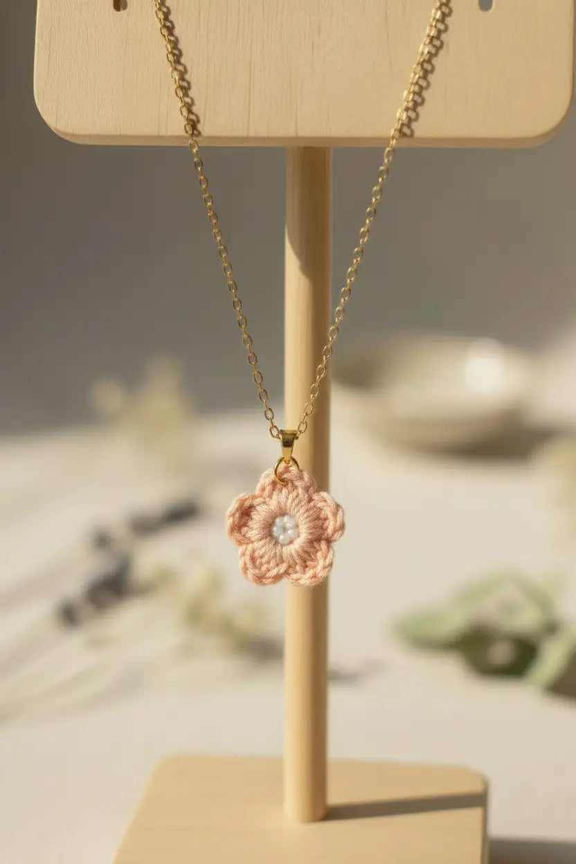 A gold chain necklace with a crocheted light pink flower pendant featuring a small white center, displayed on a wooden stand against a softly blurred light background.