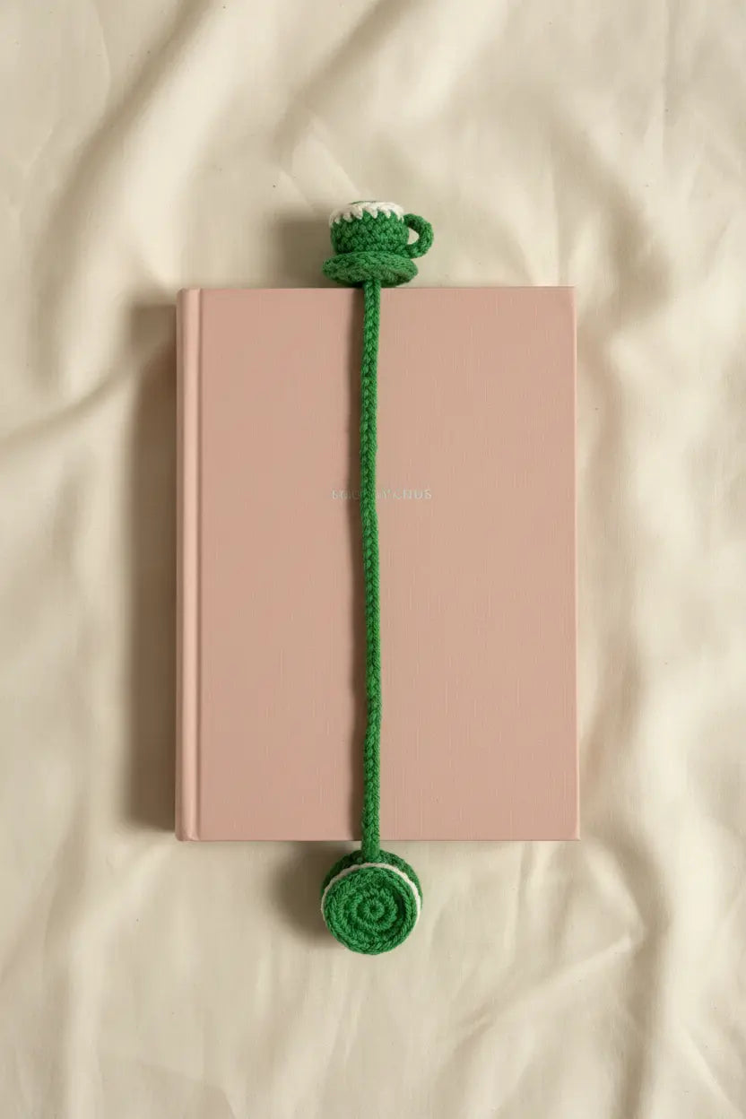A green crocheted bookmark with a small cup detail at the top and a spiral end at the bottom, shown resting on a light pink notebook over a cream fabric background.
