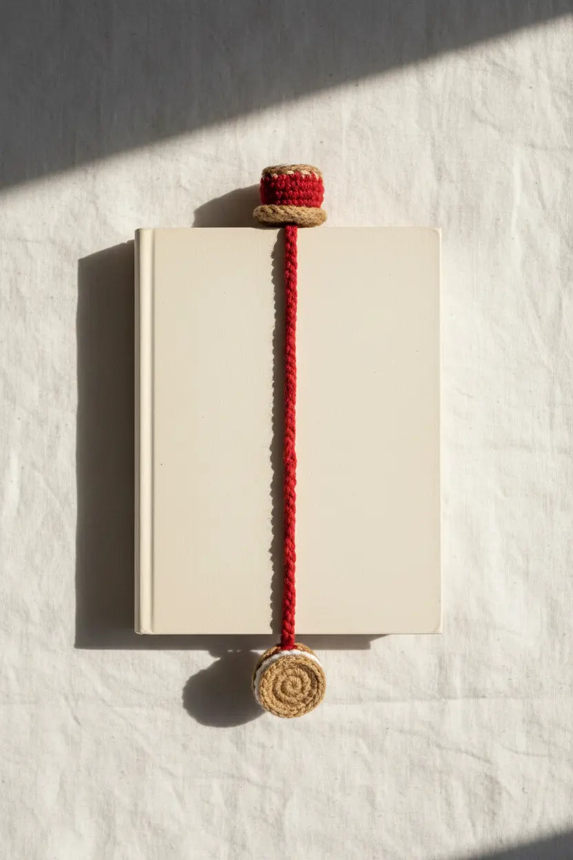 A handmade red braided cord bookmark with a round woven beige end and a matching top loop, shown hanging from the edge of a cream-colored book on a textured white fabric background with dramatic diagonal shadows.