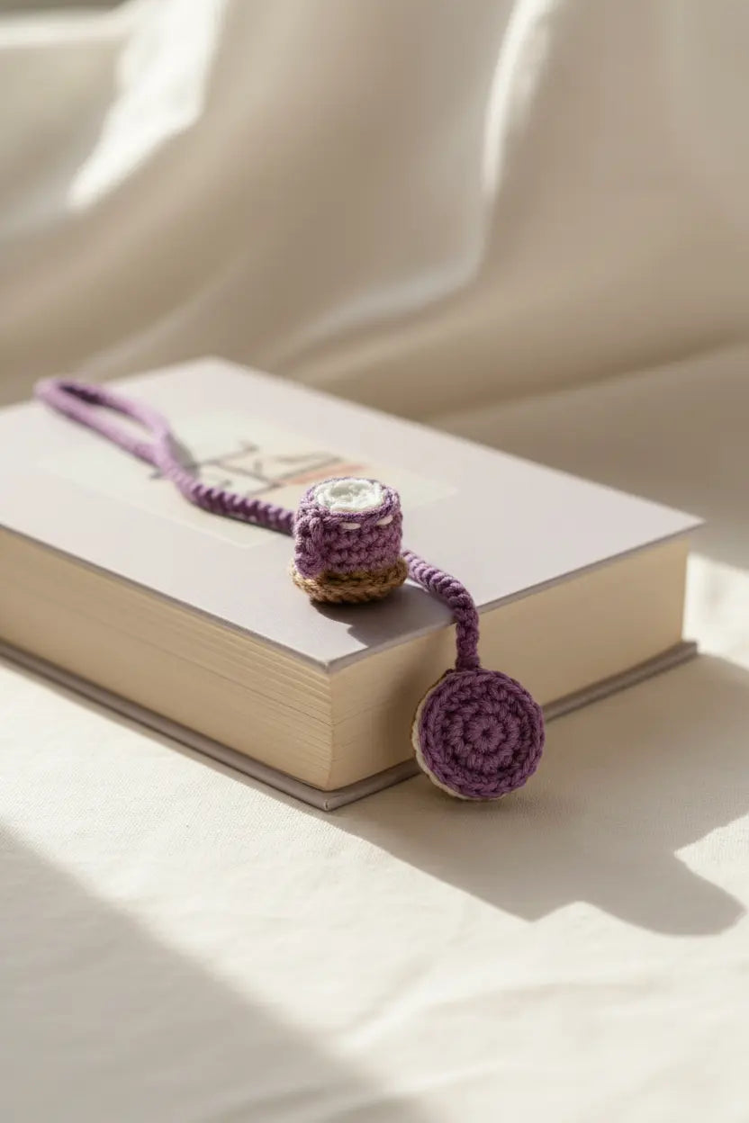 A purple crocheted bookmark with a cylindrical tag and round taglet rests on the edge of a closed book against a softly lit cream fabric background.