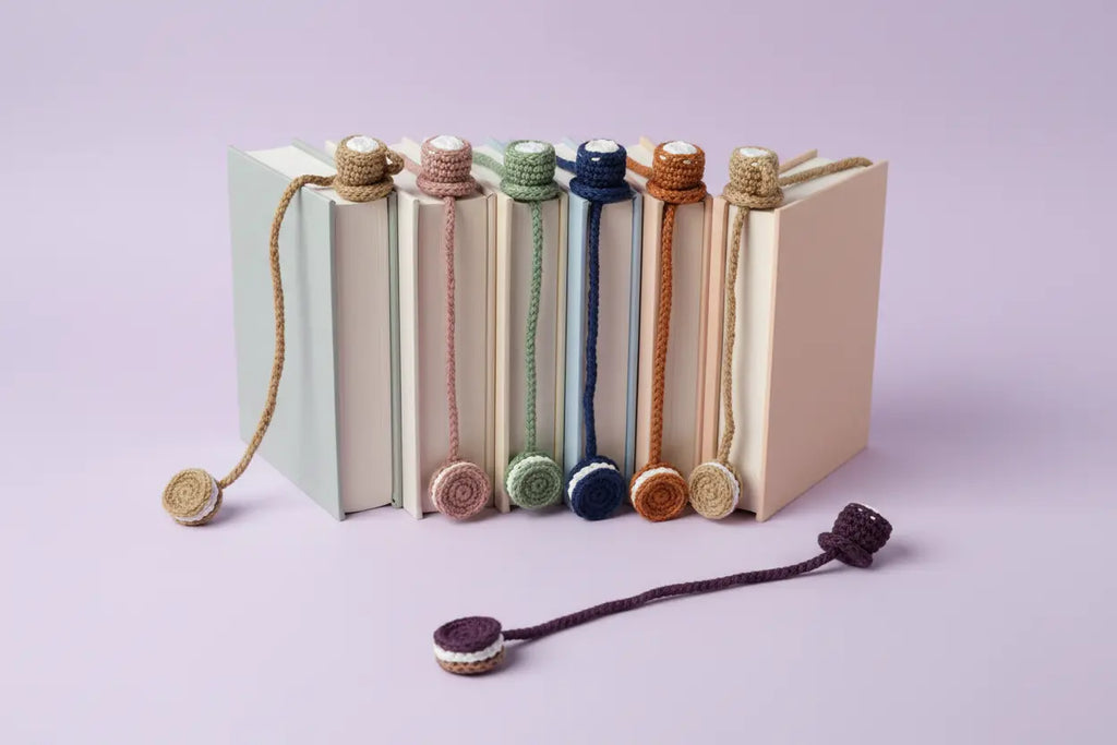 A set of handmade crochet bookmarks with round woven discs, shown tied around the spines of several books on a light lavender background, with one bookmark displayed in front.
