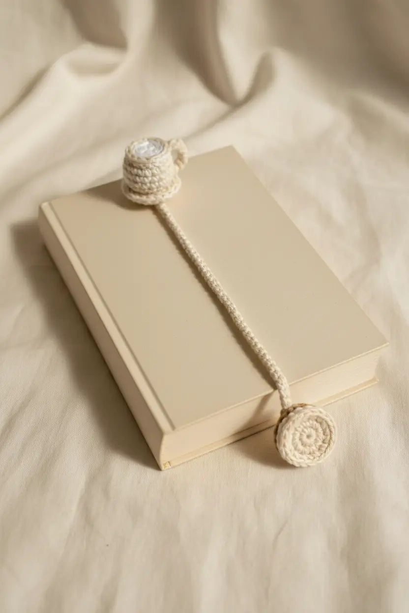 A cream-colored crocheted book bookmark with a small cup detail and a round hanging charm, shown draped over a beige book on a soft beige fabric background.