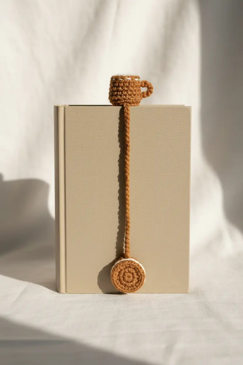 A handmade brown crocheted bookmark shaped like a small cup with a long cord and round hanging tag, shown draped over a beige book on a white fabric background with soft sunlight and shadows.