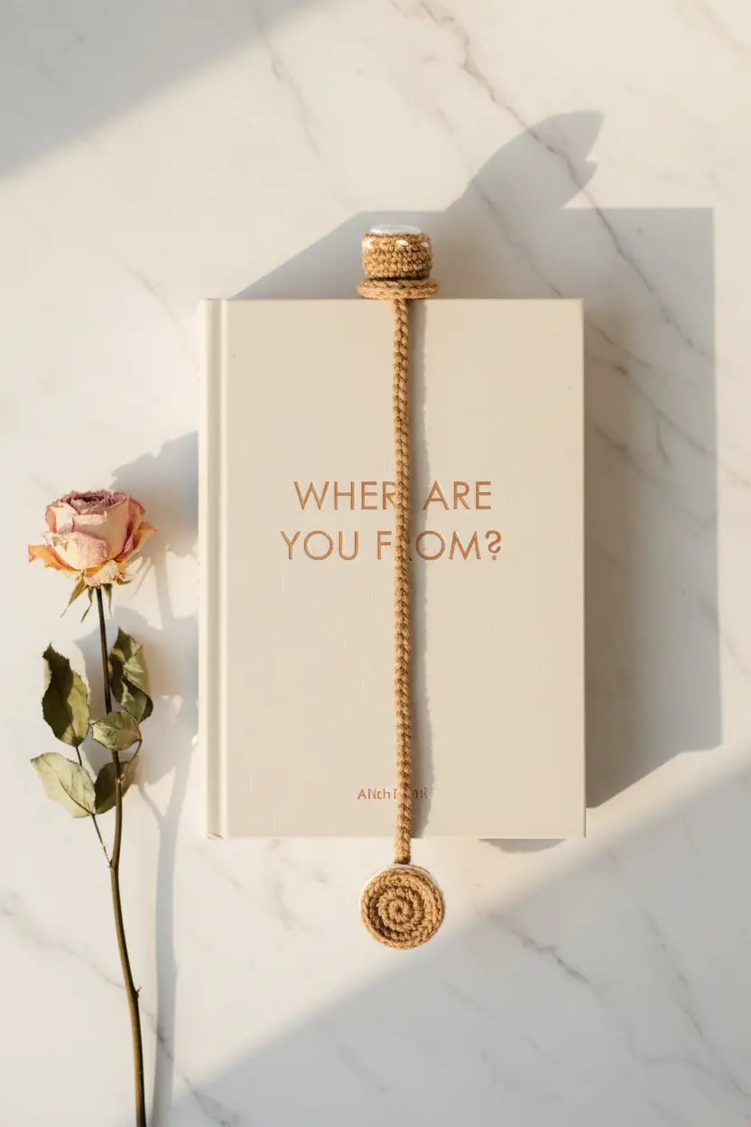A cream-colored hardcover book with the title 'WHERE ARE YOU FROM?' in rose gold lettering, decorated with a natural jute rope bookmark threaded through the center. The book is styled on a white marble surface next to a dried rose under warm, direct sunlight casting soft shadows.