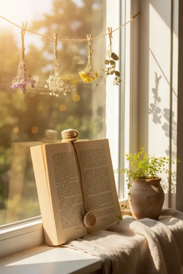 An open book on a windowsill in warm sunlight, with a small potted plant beside it and dried flowers hanging from a string above.