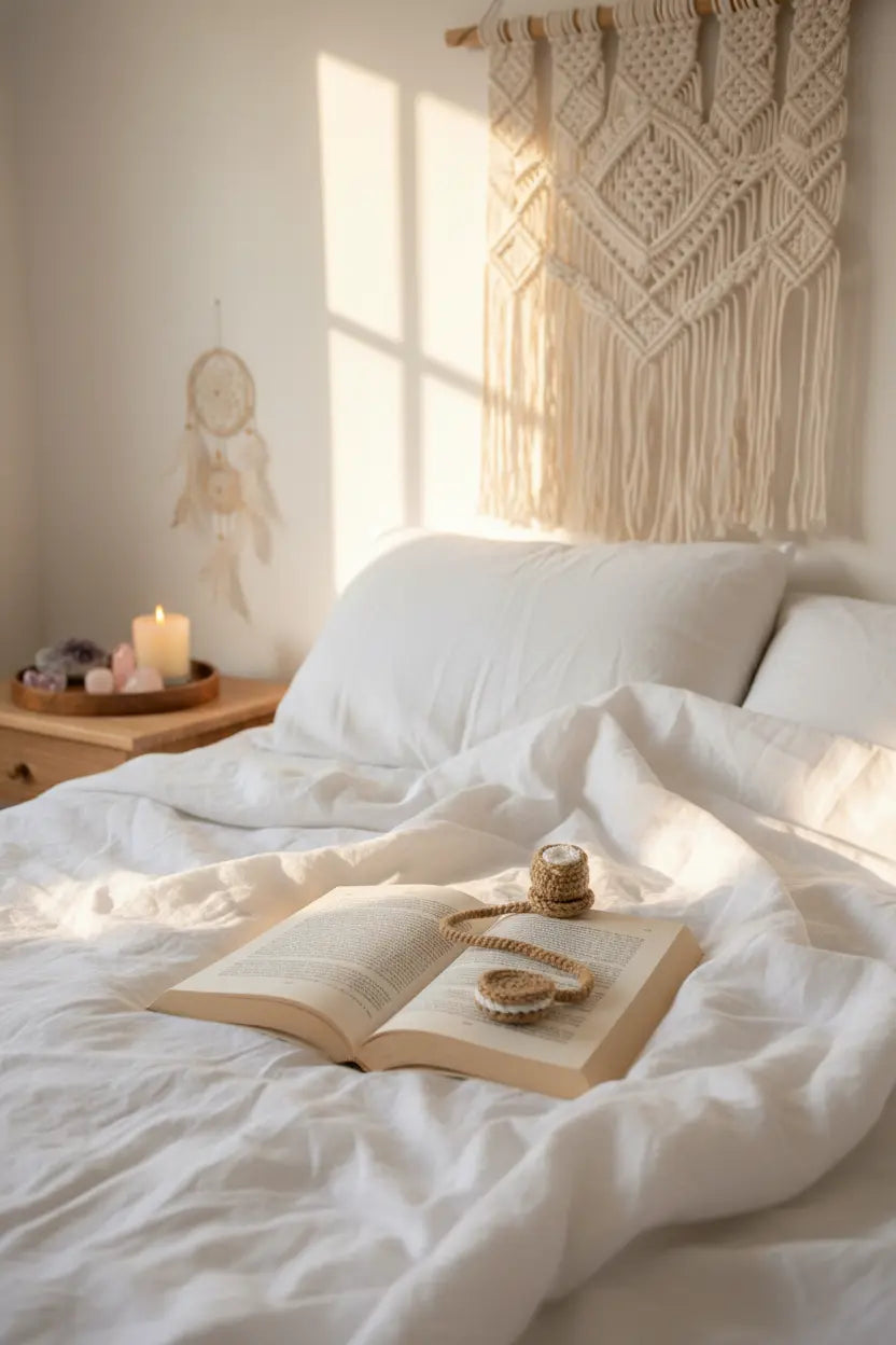 A cozy bedroom scene with white bedding, an open book on the bed, a small woven tray, and a macrame wall hanging above the bed. Sunlight streams in from a window, and a dreamcatcher hangs on the wall.