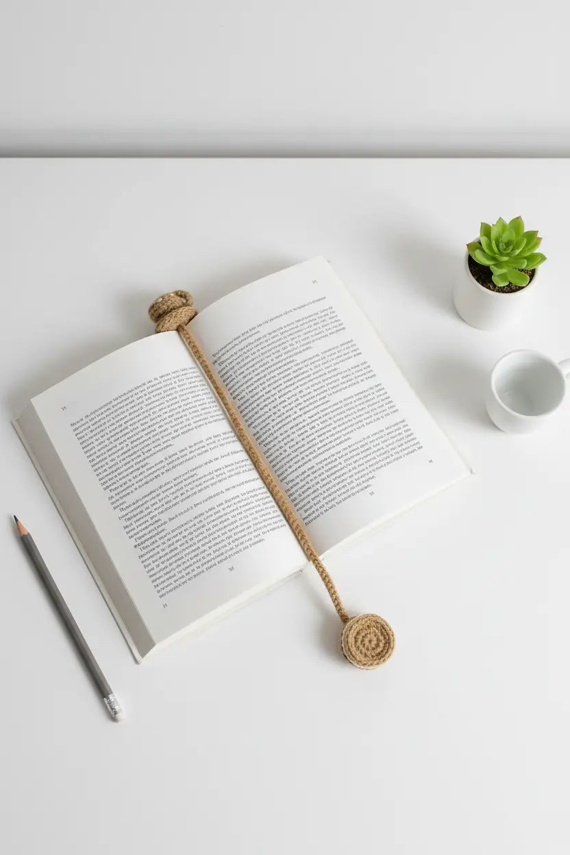 A natural jute rope bookmark with a knotted top and round spiral end rests across an open book on a white desk, styled with a pencil, a small potted succulent, and a white mug.